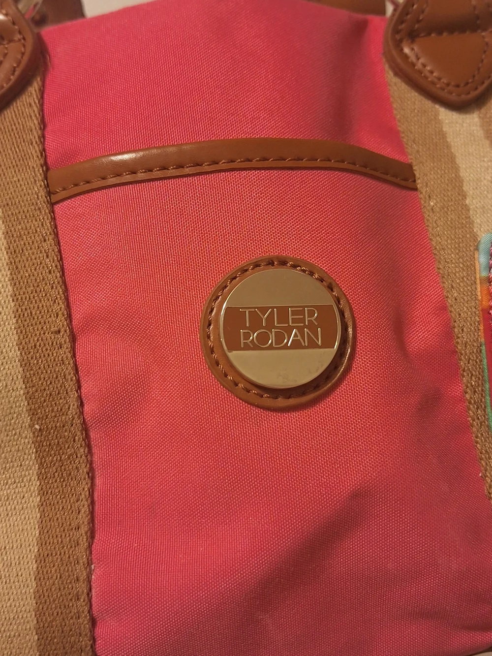 Tyler Rodan Coral Canvas Tote with Tan Trim and Multicolor Tag (13.5 X 8.5 X 4.5
